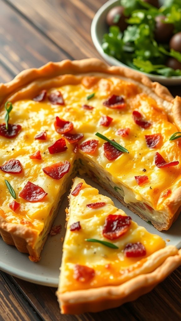 A slice of quiche Lorraine with bacon and cheese on a rustic table, garnished with chives.